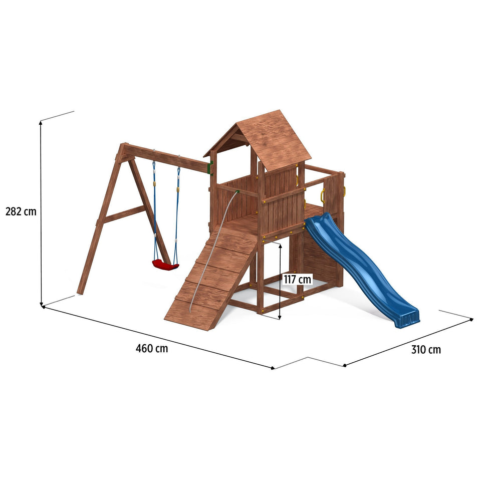 Climbing frame Adventure Peaks Fortress 3 with swing, slide, wall and rope