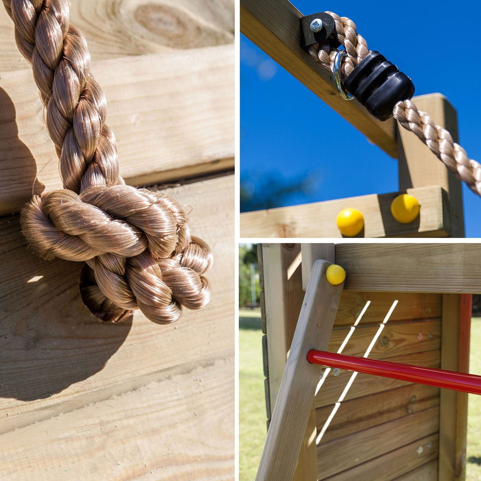 Climbing frame Sky High Hideout featuring double swing, slide and climbing wall