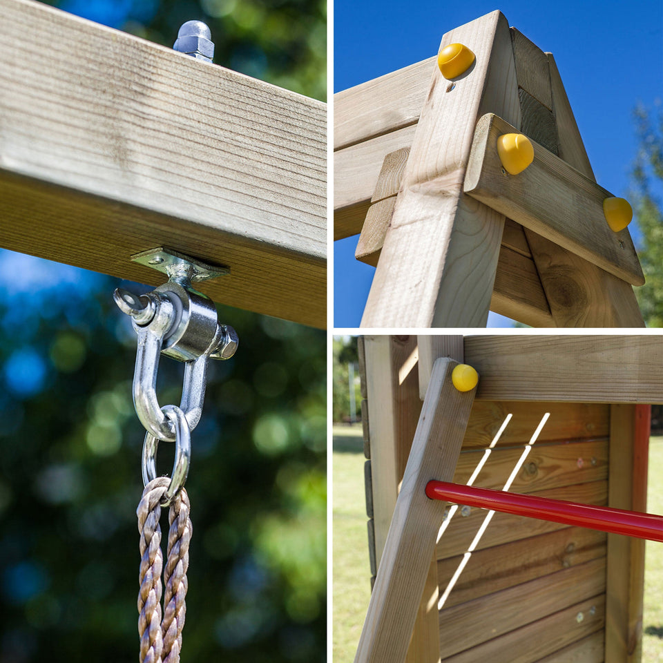 Climbing frame Sky High Hideout featuring double swing, slide and climbing wall