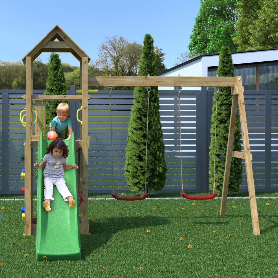 Climbing frame Sky High Hideout featuring double swing, slide and climbing wall