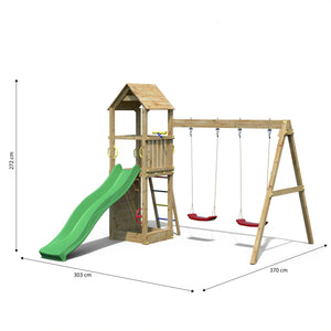 Climbing frame Sky High Hideout featuring double swing, slide and climbing wall