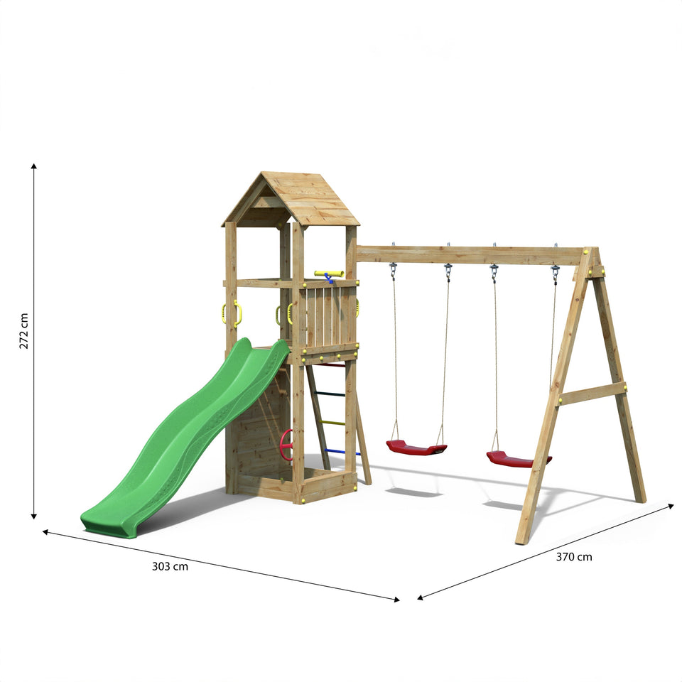 Climbing frame Sky High Hideout featuring double swing, slide and climbing wall