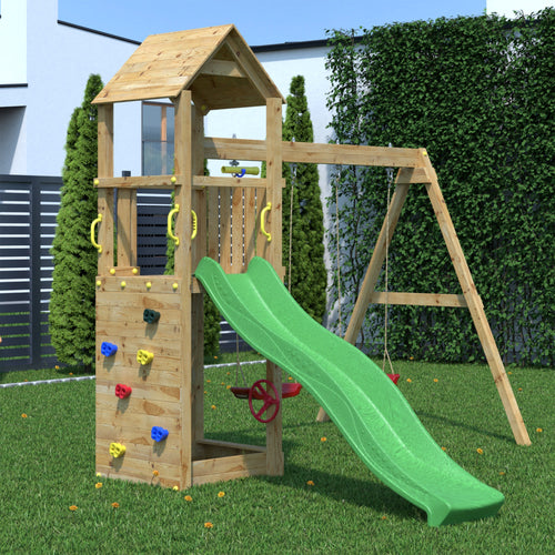 Climbing frame Sky High Hideout featuring double swing, slide and climbing wall