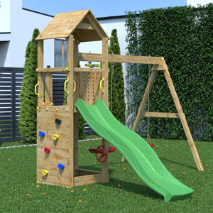 Climbing frame Sky High Hideout featuring double swing, slide and climbing wall