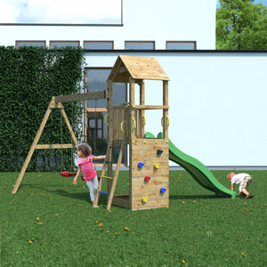 Climbing frame Sky High Hideout featuring double swing, slide and climbing wall