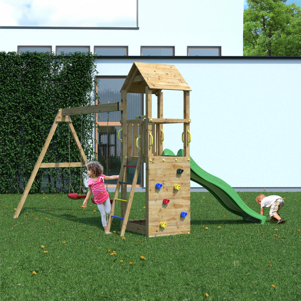 Climbing frame Sky High Hideout featuring double swing, slide and climbing wall