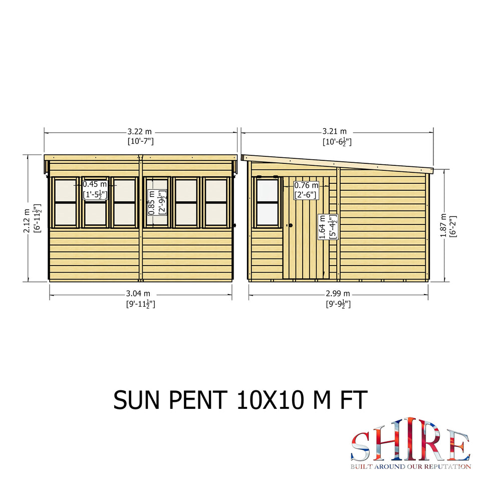 Sun Pent Potting Shed 10x10 Single Door 12mm Shiplap
