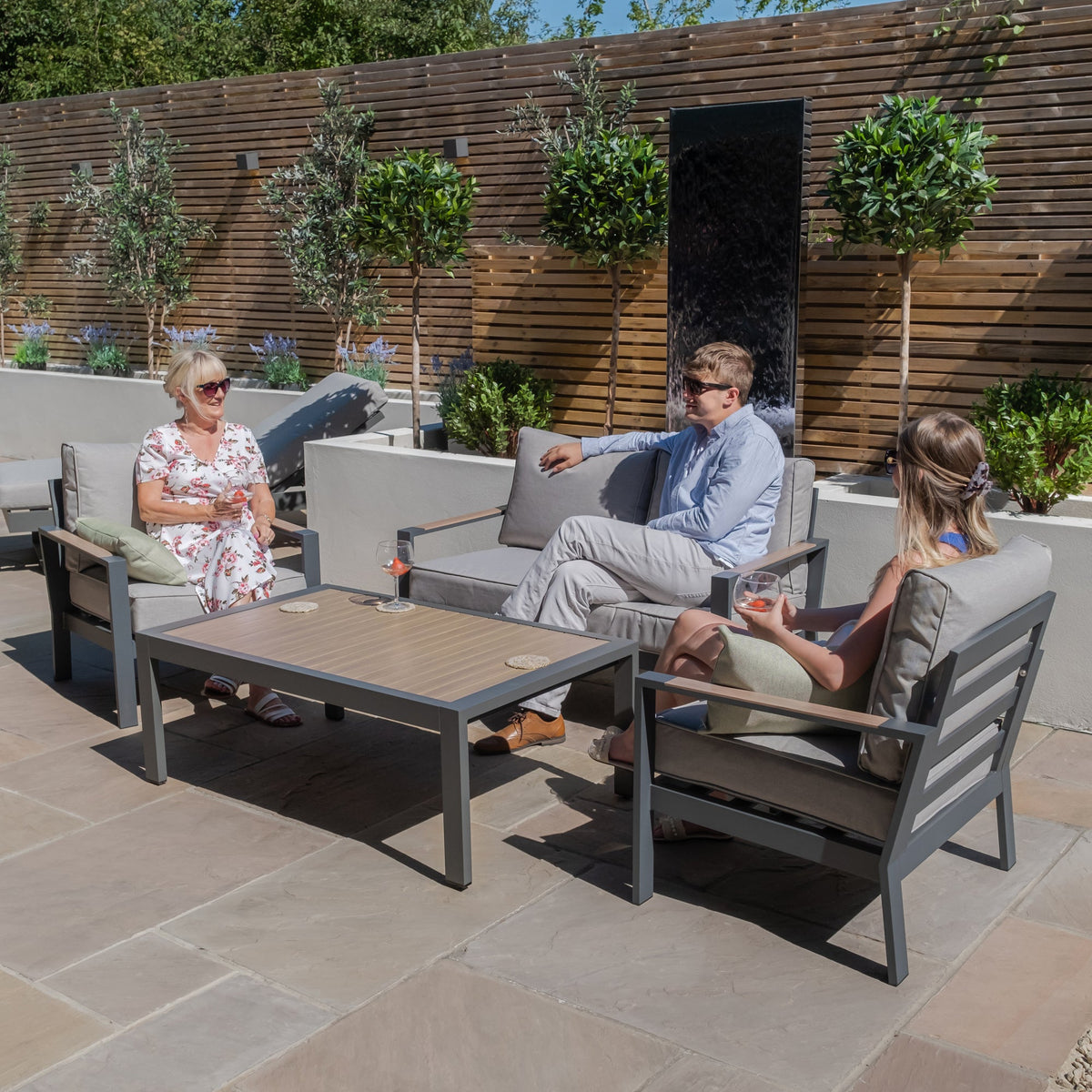 Vancouver 2 Seat Aluminium Sofa Set with coffee table by Maze Rattan. GardenBox Price £1099