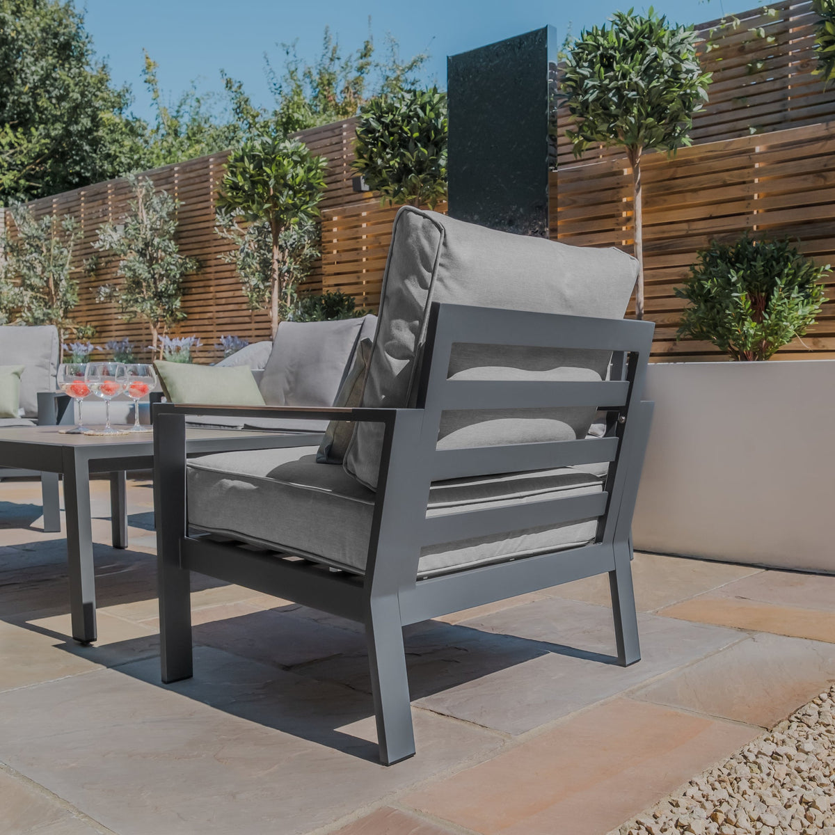 Vancouver 2 Seat Aluminium Sofa Set with coffee table by Maze Rattan. GardenBox Price £1099