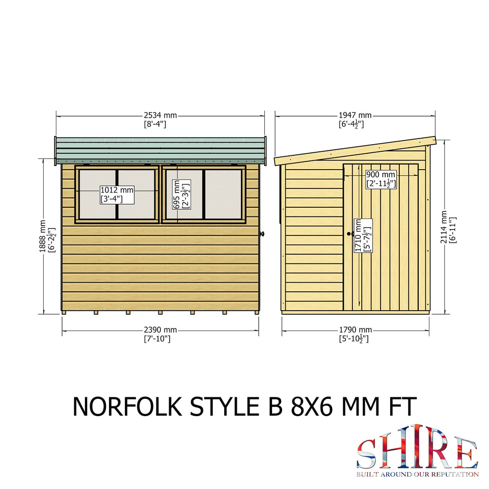 Norfolk Style B 8x6 Single Door 12mm Shiplap Garden Shed