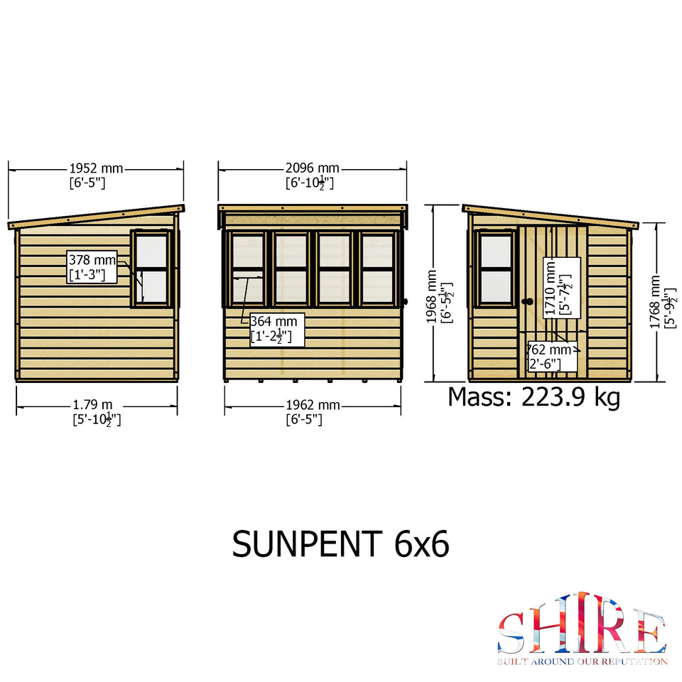 6x6 Sun Pent Potting Shed Style B Single Door 12mm Shiplap