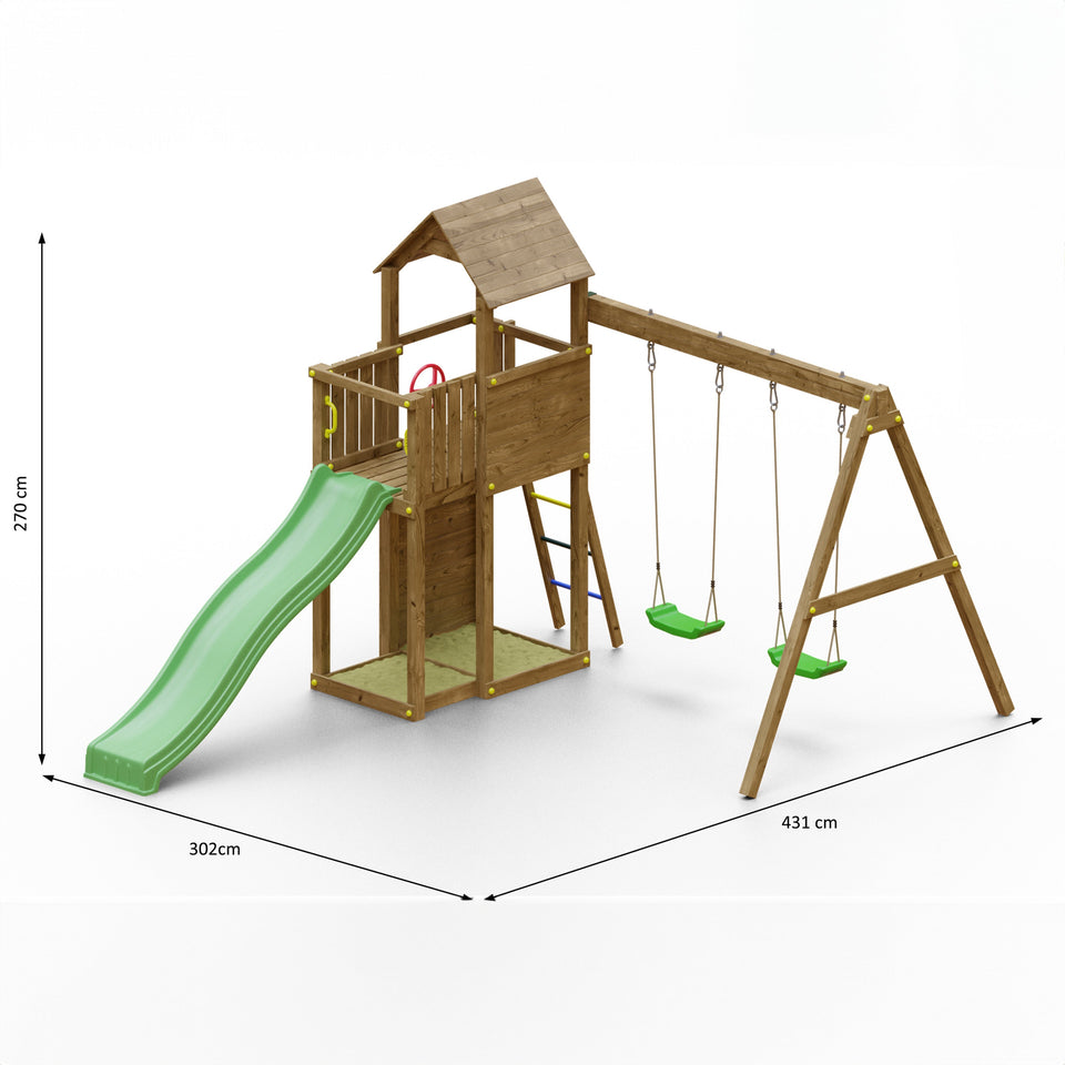 Boomer Climbing Frame Tower featuring Swings Slide sandpit and climbing wall
