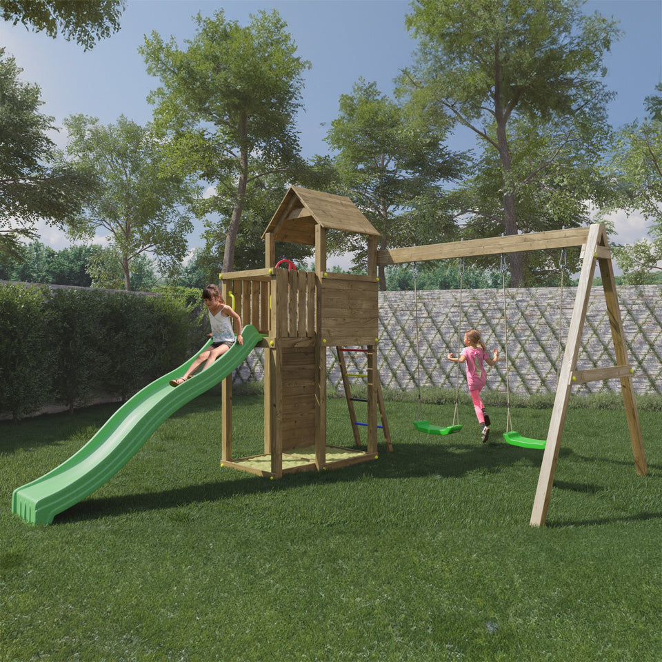 Boomer Climbing Frame Tower featuring Swings Slide sandpit and climbing wall