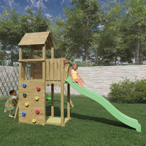 Boomer Climbing Frame Tower featuring Swings Slide sandpit and climbing wall