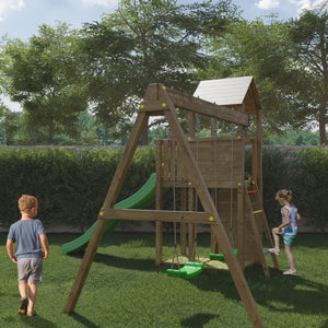 Boomer Climbing Frame Tower featuring Swings Slide sandpit and climbing wall