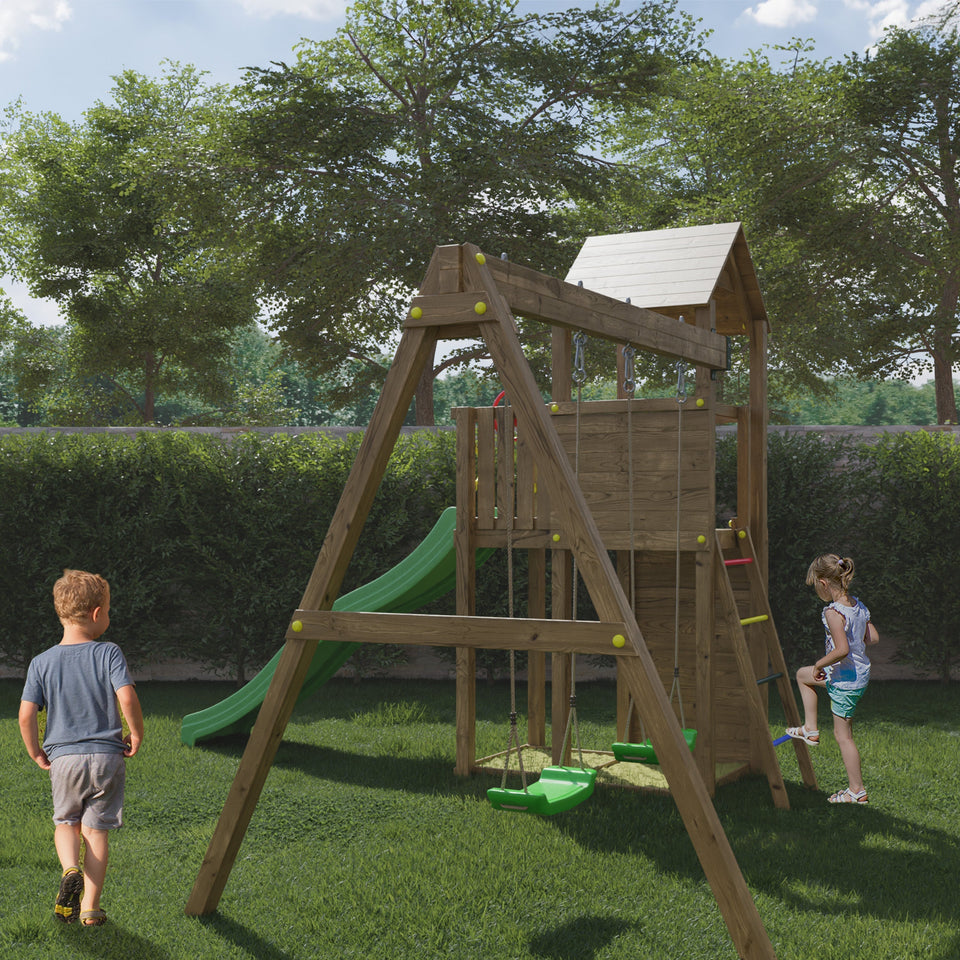Boomer Climbing Frame Tower featuring Swings Slide sandpit and climbing wall