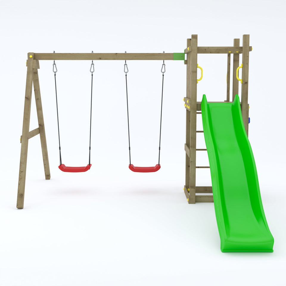 Climbing frame Rumble Ridge Rock Wall with double swing, slide and wall
