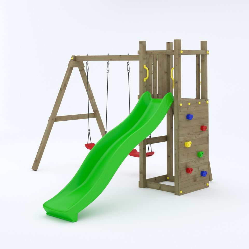 Climbing frame Rumble Ridge Rock Wall with double swing, slide and wall