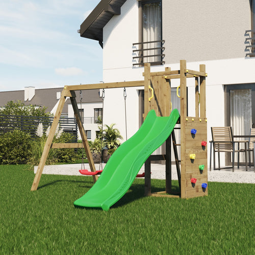 Climbing frame Rumble Ridge Rock Wall with double swing, slide and wall