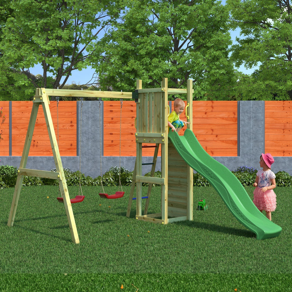 Climbing frame Rumble Ridge Rock Wall with double swing, slide and wall