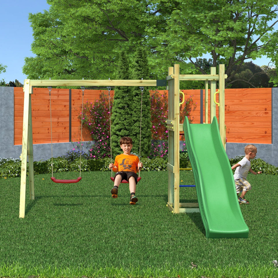 Climbing frame Rumble Ridge Rock Wall with double swing, slide and wall