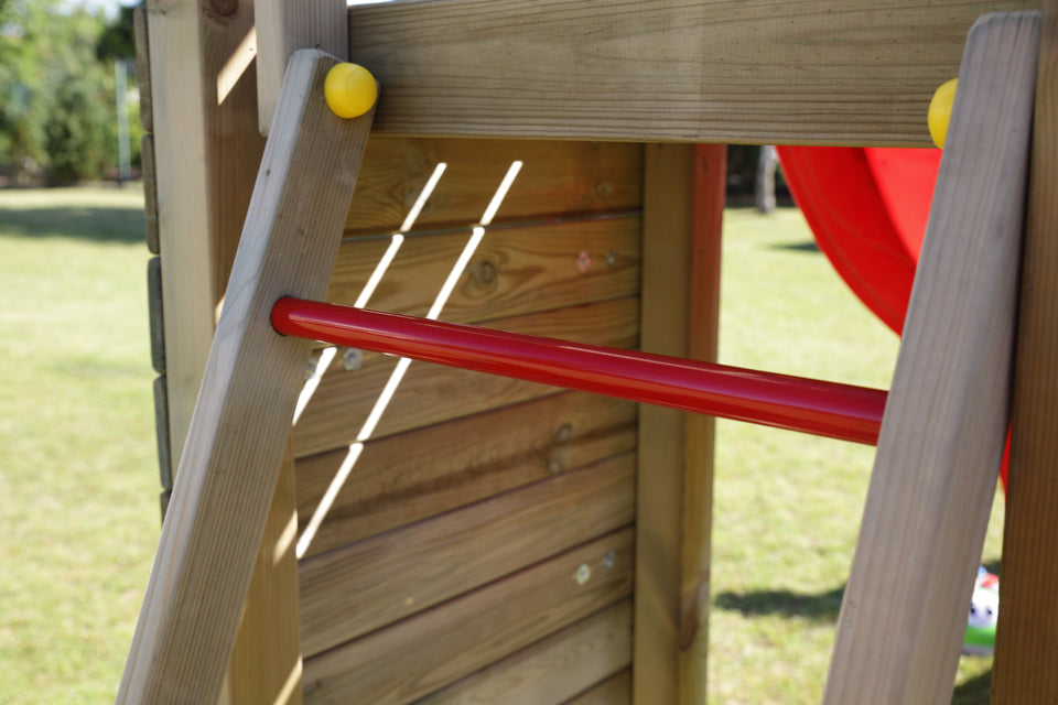 Climbing frame Rumble Ridge Rock Wall featuring single swing and slide
