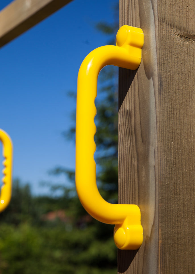 Climbing frame Rumble Ridge Rock Wall featuring single swing and slide