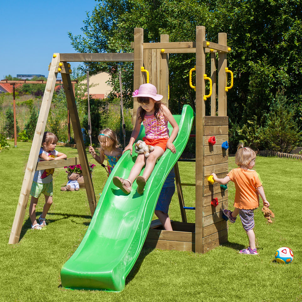 Climbing frame Rumble Ridge Rock Wall featuring single swing and slide