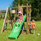 Climbing frame Rumble Ridge Rock Wall featuring single swing and slide