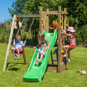 Climbing frame Rumble Ridge Rock Wall featuring single swing and slide