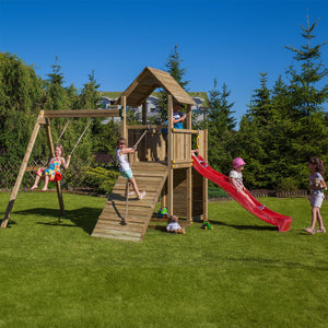 Climbing frame Adventure Peaks Fortress 3 with swing, slide, wall and rope