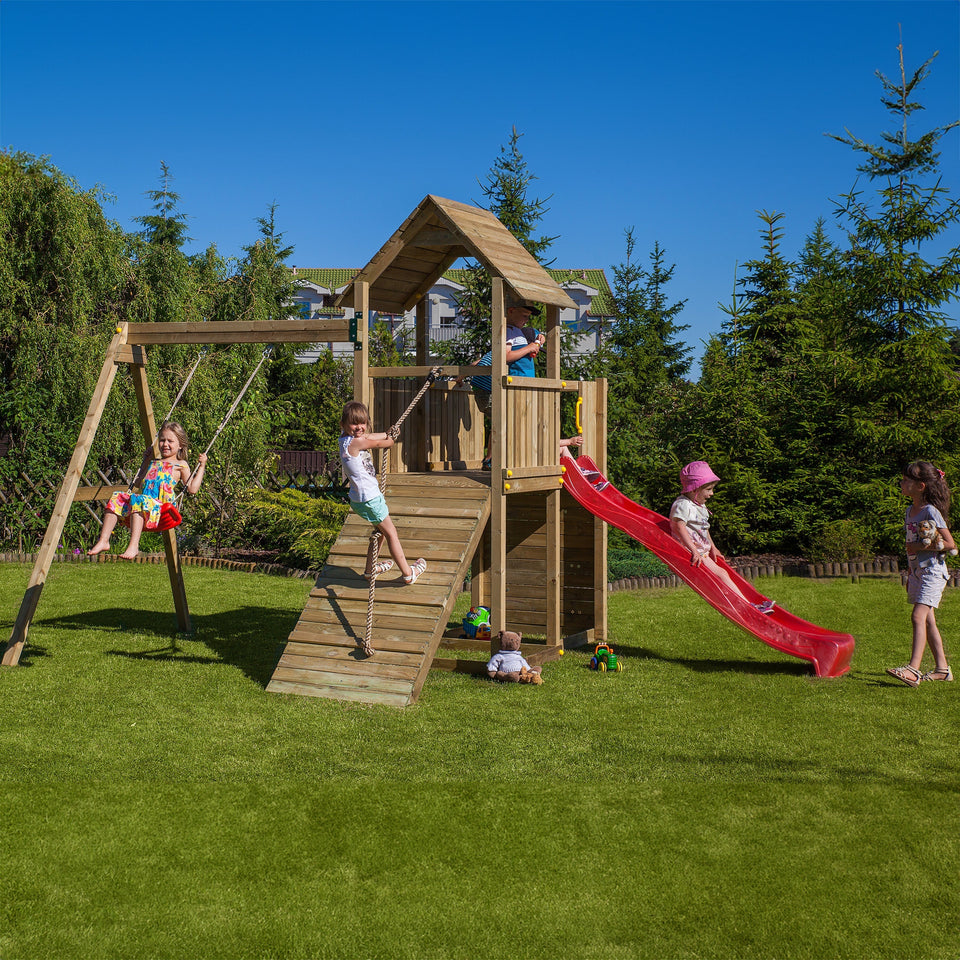 Climbing frame Adventure Peaks Fortress 3 with swing, slide, wall and rope