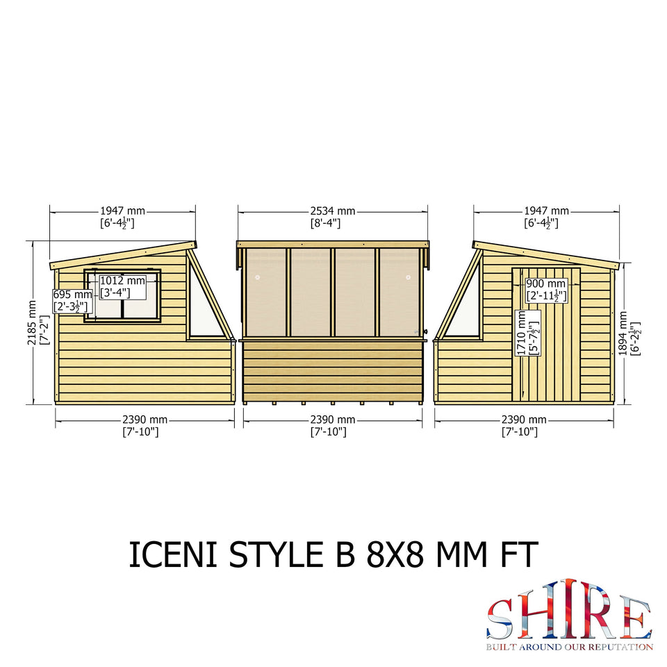 8x8 Iceni Potting Shed Style B Single Door 12mm Shiplap