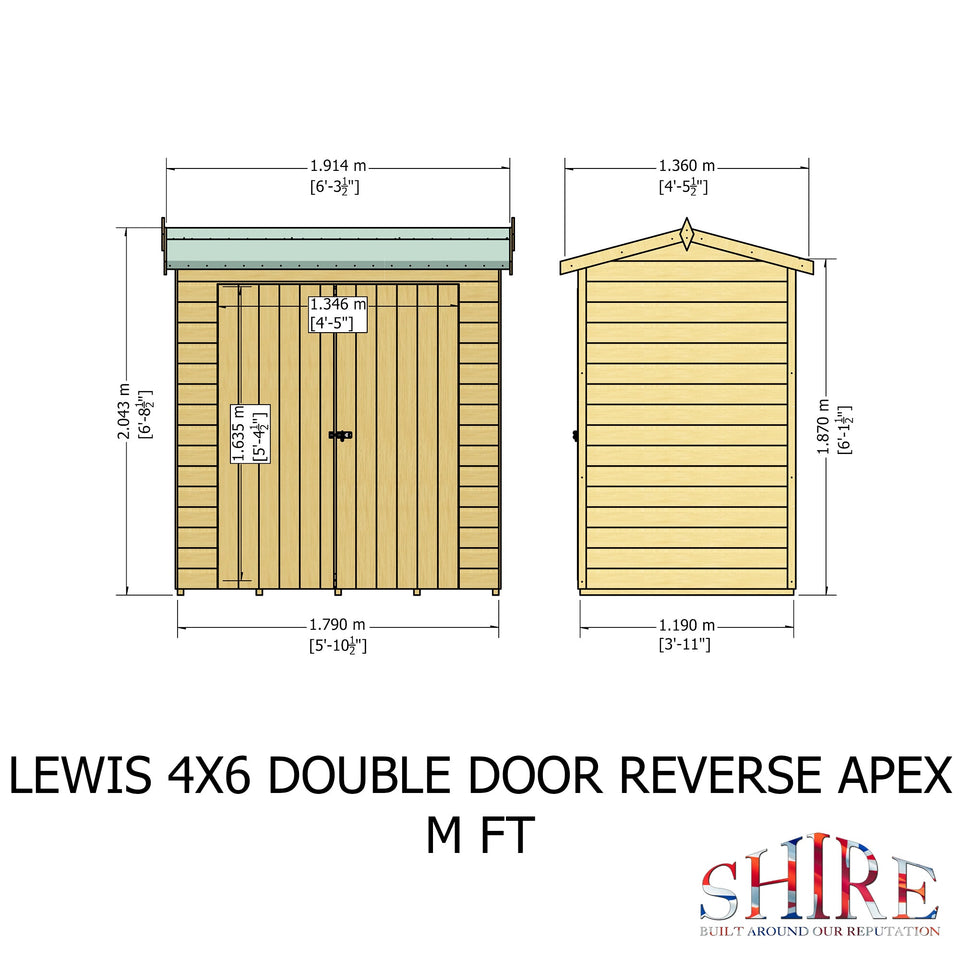 Lewis 4x6 Reverse Apex Garden Shed Double Doors 12mm Shiplap T&G