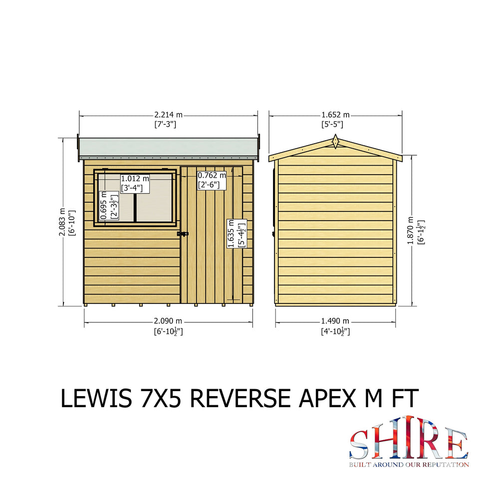 Lewis 7x5 Reverse Apex Style C Garden Shed 12mm Shiplap T&G