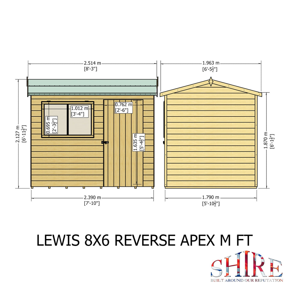 Lewis 8x6 SD Reverse Apex Style C Garden Shed 12mm Shiplap T&G