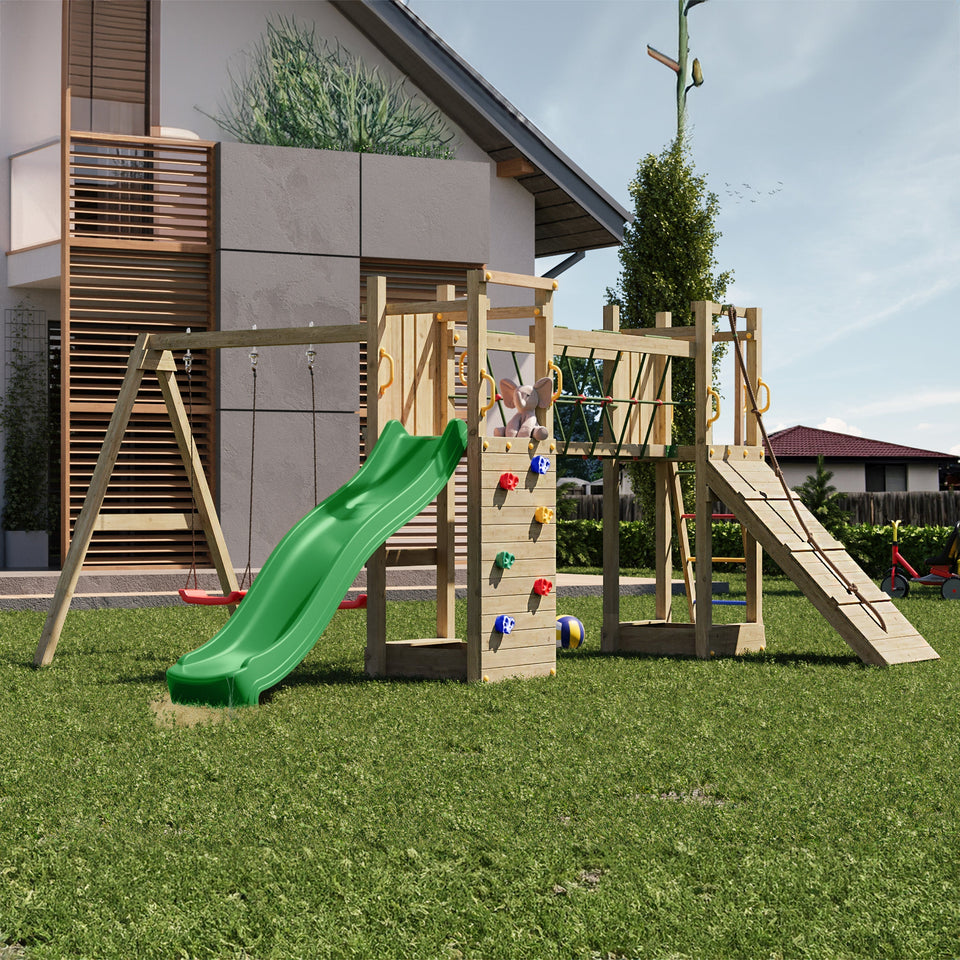 Climbing frame Maxi Fun featuring double Tower, Bridge,  swings climbing walls and slide