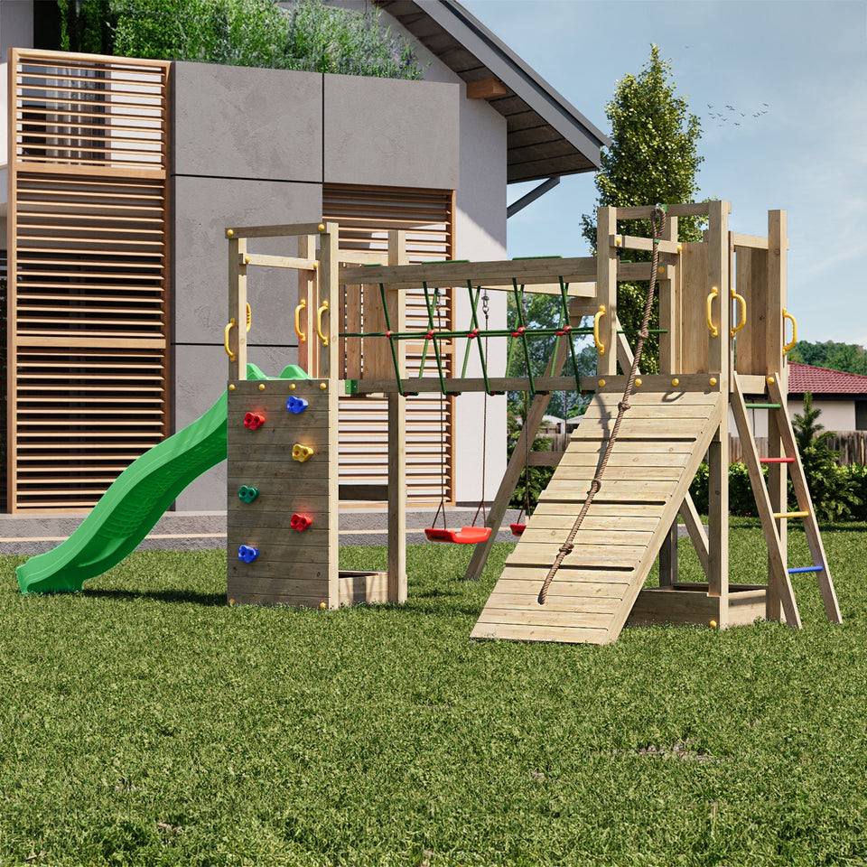 Climbing frame Maxi Fun featuring double Tower, Bridge,  swings climbing walls and slide