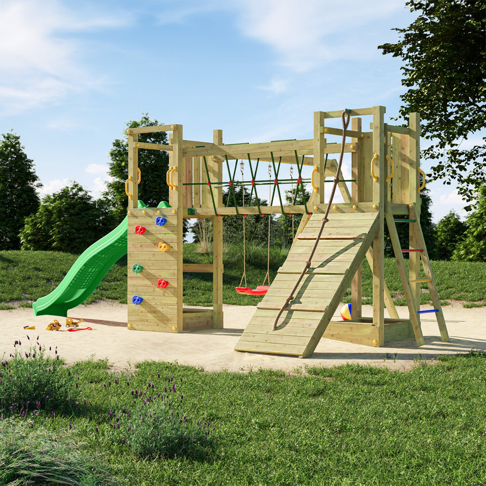 Climbing frame Maxi Fun featuring double Tower, Bridge,  swings climbing walls and slide