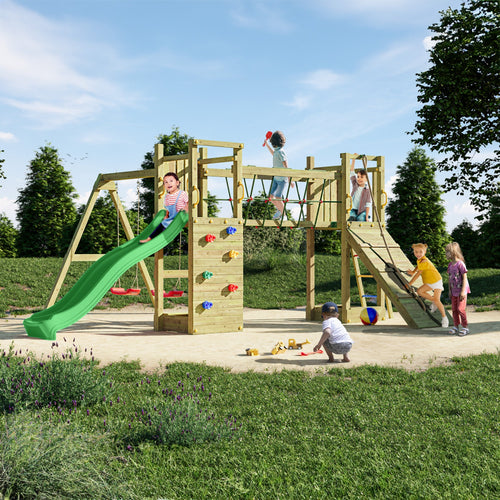 Climbing frame Maxi Fun featuring double Tower, Bridge,  swings climbing walls and slide