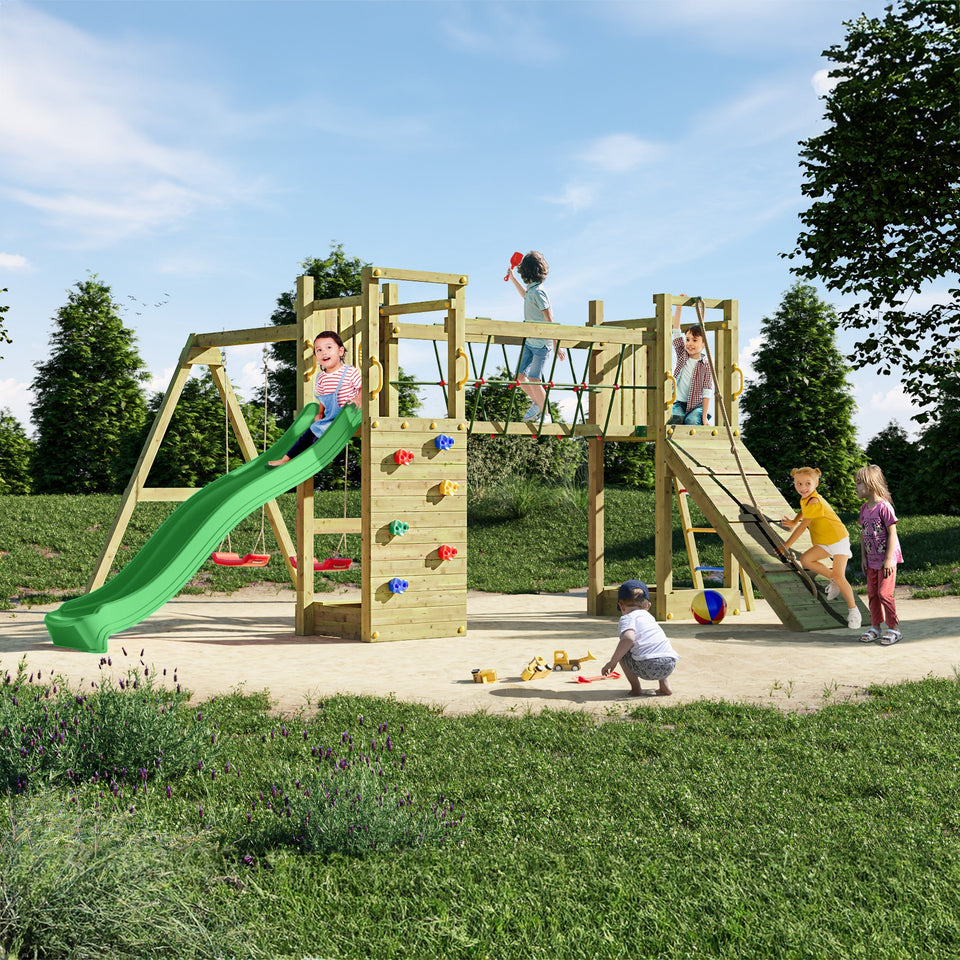 Climbing frame Maxi Fun featuring double Tower, Bridge,  swings climbing walls and slide