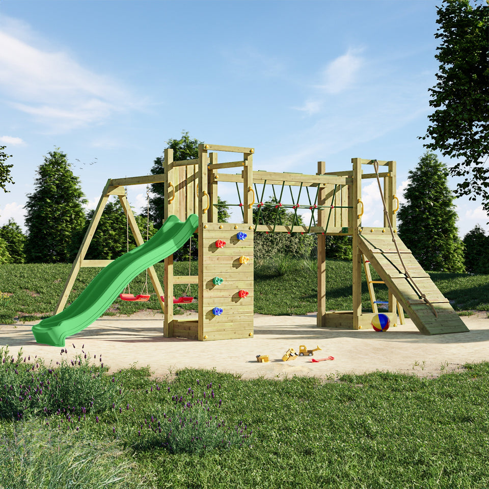 Climbing frame Maxi Fun featuring double Tower, Bridge,  swings climbing walls and slide