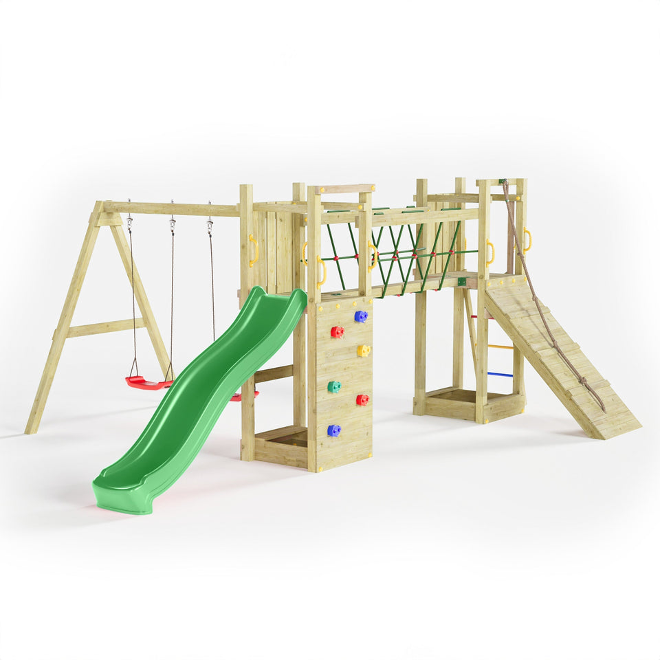 Climbing frame Maxi Fun featuring double Tower, Bridge,  swings climbing walls and slide