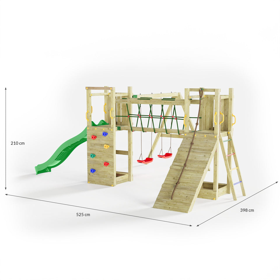 Climbing frame Maxi Fun featuring double Tower, Bridge,  swings climbing walls and slide