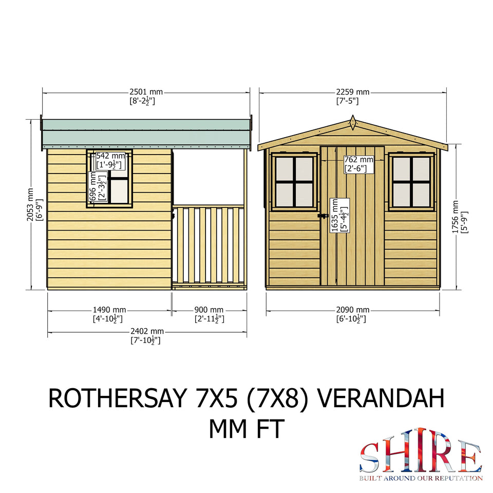 Rothesay 7x8  Garden Shed with Veranda 12mm Shiplap T&G